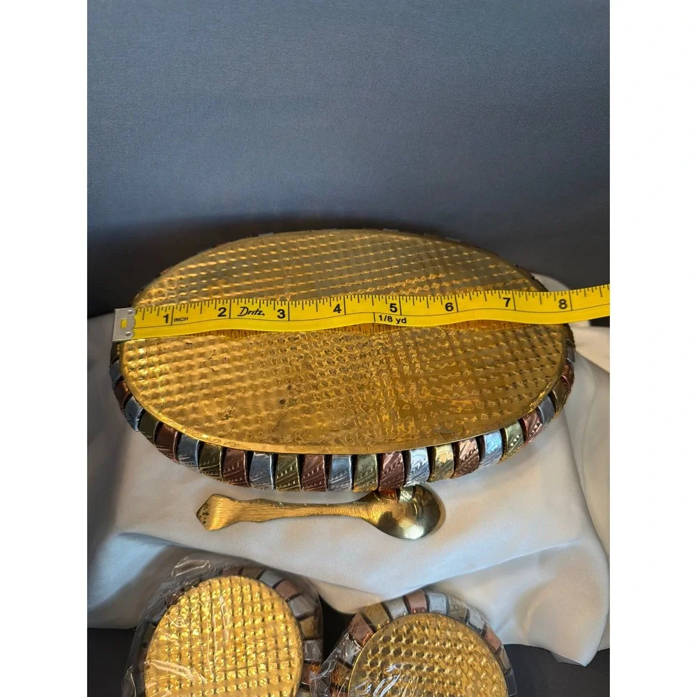 Vintage Mixed Metal Tri-Tone Serving Set Hammered Copper Brass Silver 4pc Bowl